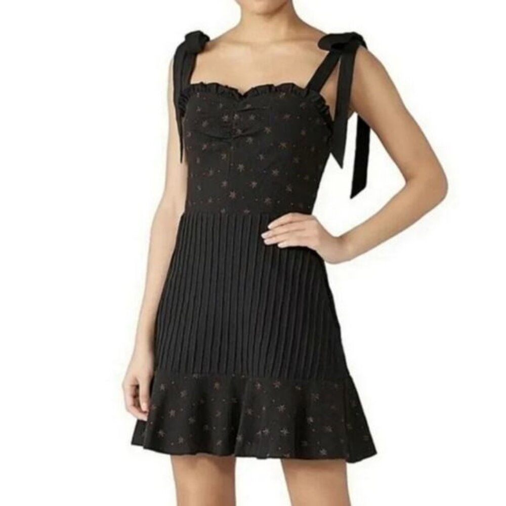 Stevie May Celeste Star Embroidered Mini Dress Black Tie Strap Ruffle
